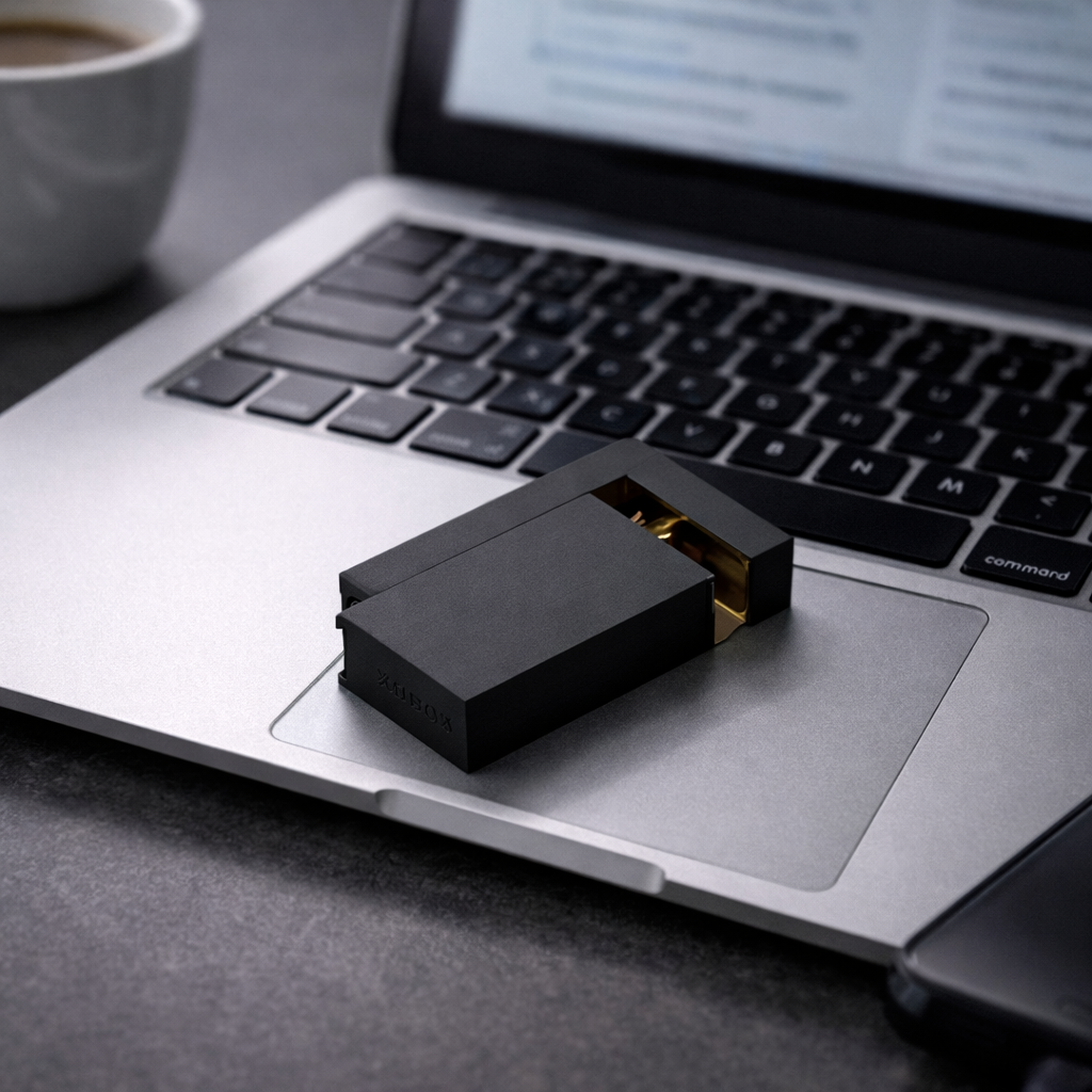 Black KNNOX lighter resting on a laptop keyboard